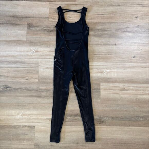 Koral Women's Size S Jet Jumpsuit Fitted Metallic Black Catsuit Open Back Yoga - Picture 3 of 5